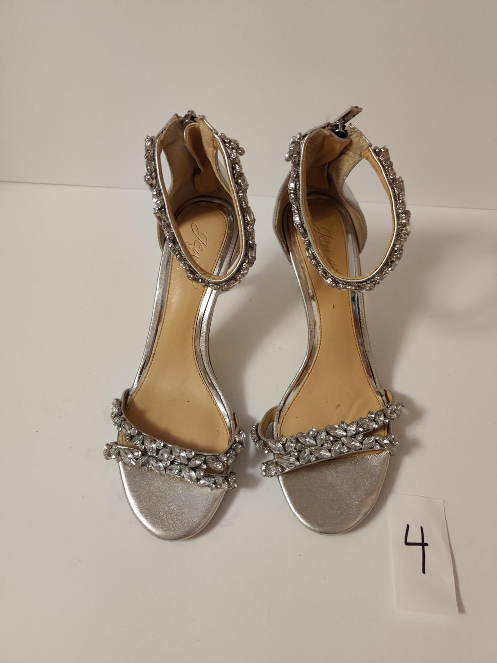 Badgley Mischka Silver Jeweled Ankle-Strap Heels 7.5